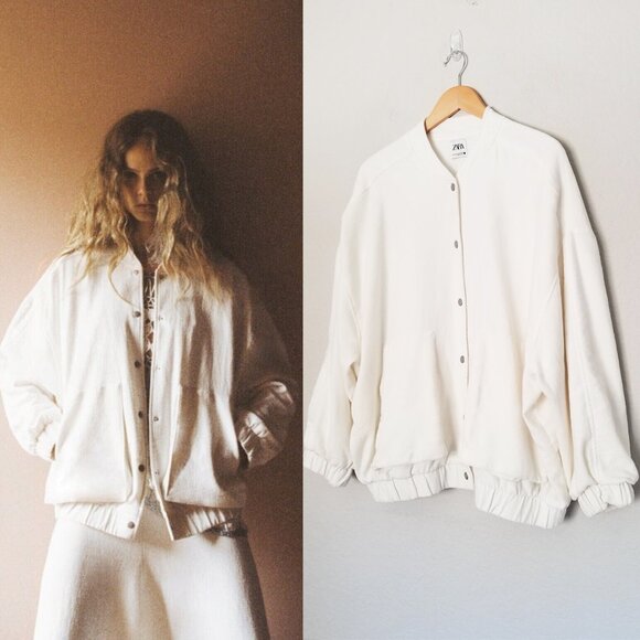 Zara Linen Blend Oversized Bomber Jacket Ecru White Snap Button Patch Pocket M/L - Picture 1 of 16